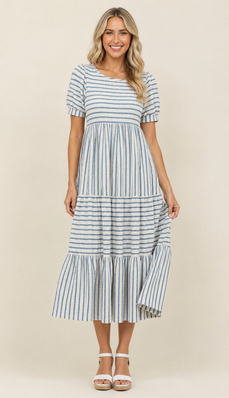 Rhea & Thea Textured Striped Tiered Midi Dress Puff Sleeve Blue Womens Large New